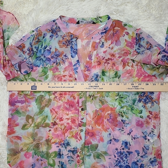 ZARA Women's Floral Chiffon Blouse - Pink and Green - Size Large - Picture 9 of 15